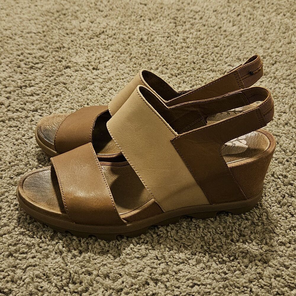 SOREL Women's JOANIE II Slingback Wedge Heel Tan/Brown Leather Sandals